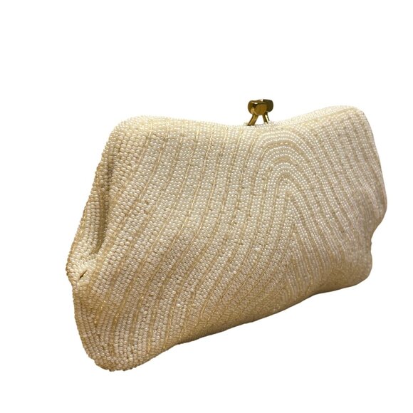 Vintage Women’s Ivory Beaded Made in Japan Kiss Lock Evening Clutch - Picture 4 of 8